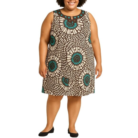 Jessica Howard Brown Turquoise Abstract Print Dress Beaded Neckline Size 22W - Picture 1 of 8